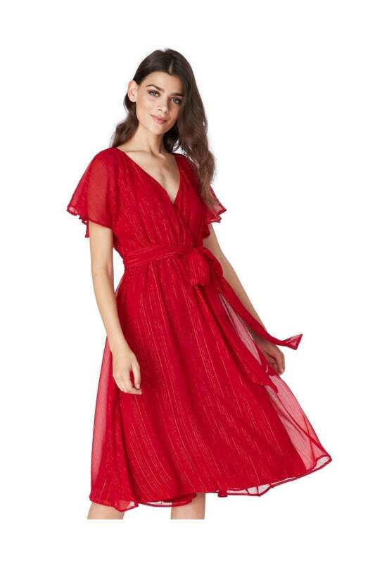 Red Flutter Sleeve Midi Dress