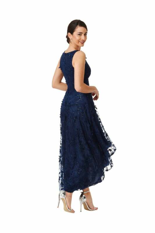 Blue Floral Lace Asymmetric Maxi Dress - Rear View