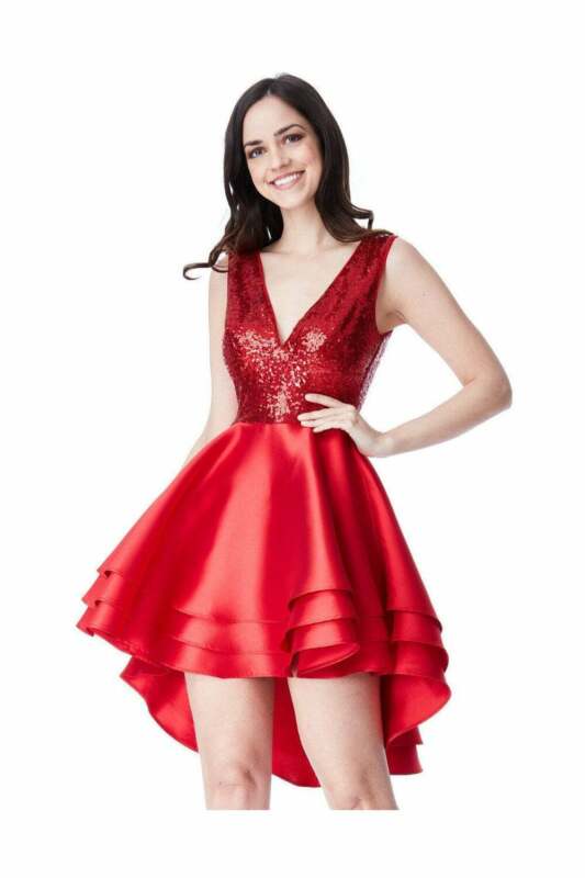 Red Multilayered Mini Dress with sequin detailing - Closeup