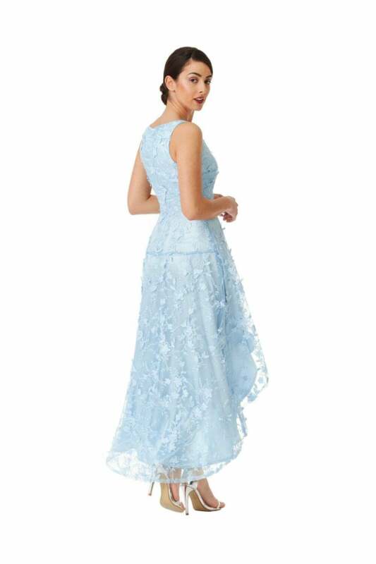 Light Blue Floral Lace Asymmetric Maxi Dress - Rear View