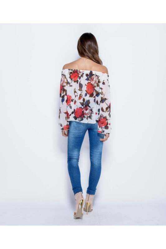 Rose Print Flare Sleeve Bardot Top