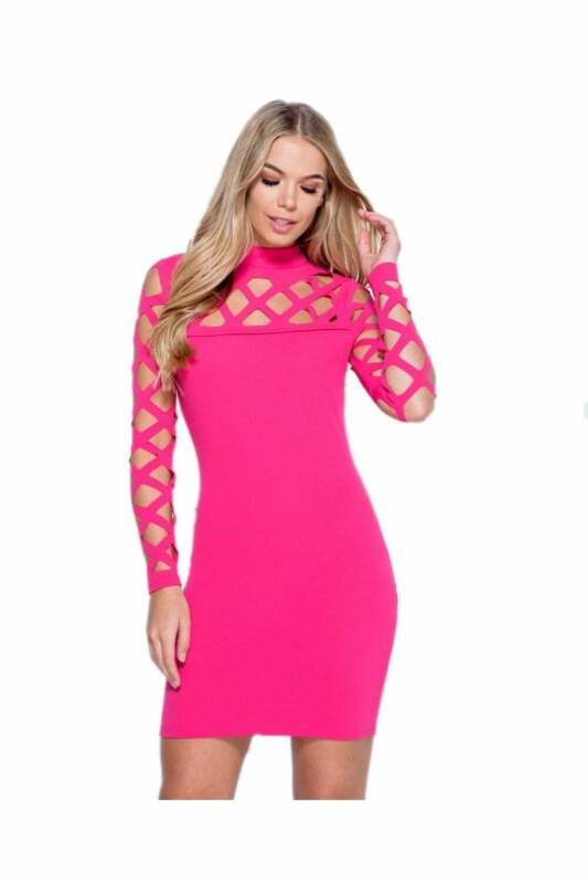 Laser Cut Full Sleeved Mini Dress in Pink - Close view 