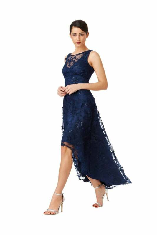 Blue Floral Lace Asymmetric Maxi Dress - Far Front View