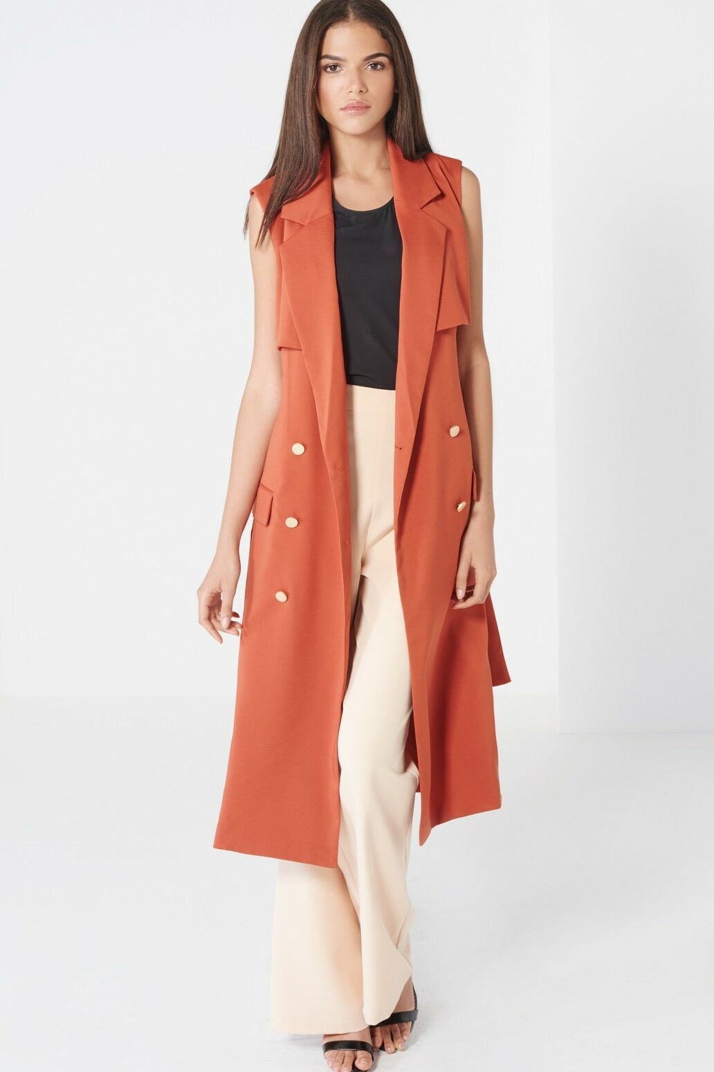 Terracotta Sleeveless Trench Coat - Front View