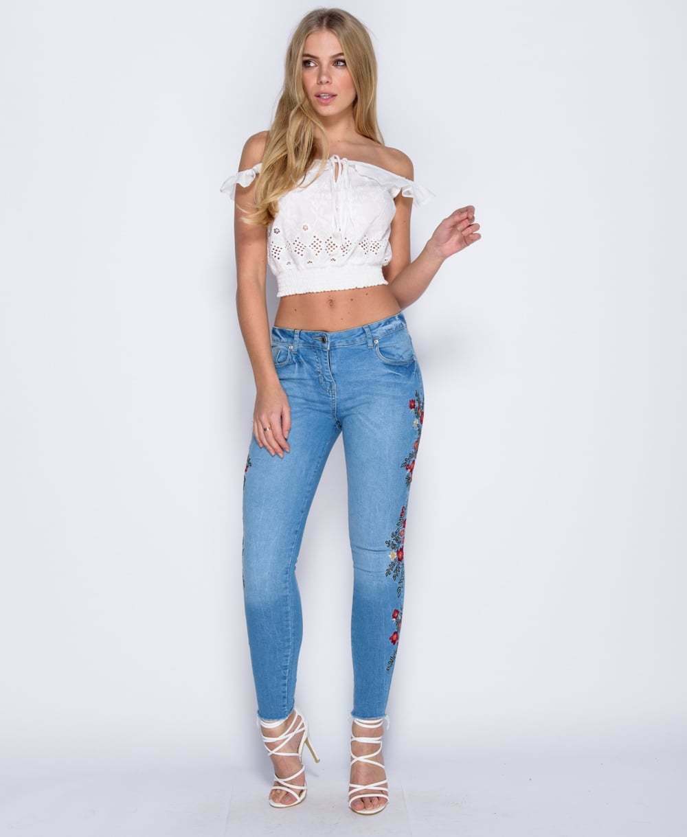 Blue Frayed Hem Jeans with Floral Embroidery Front View