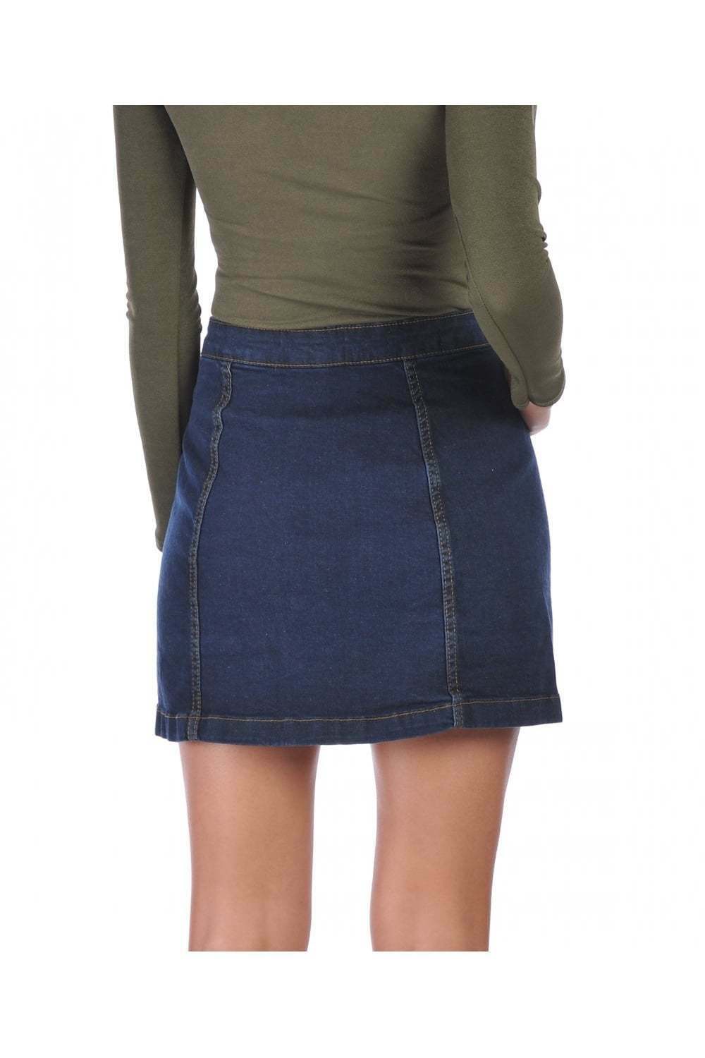 Denim A-Line Button Front Skirt in Blue - Close Back View