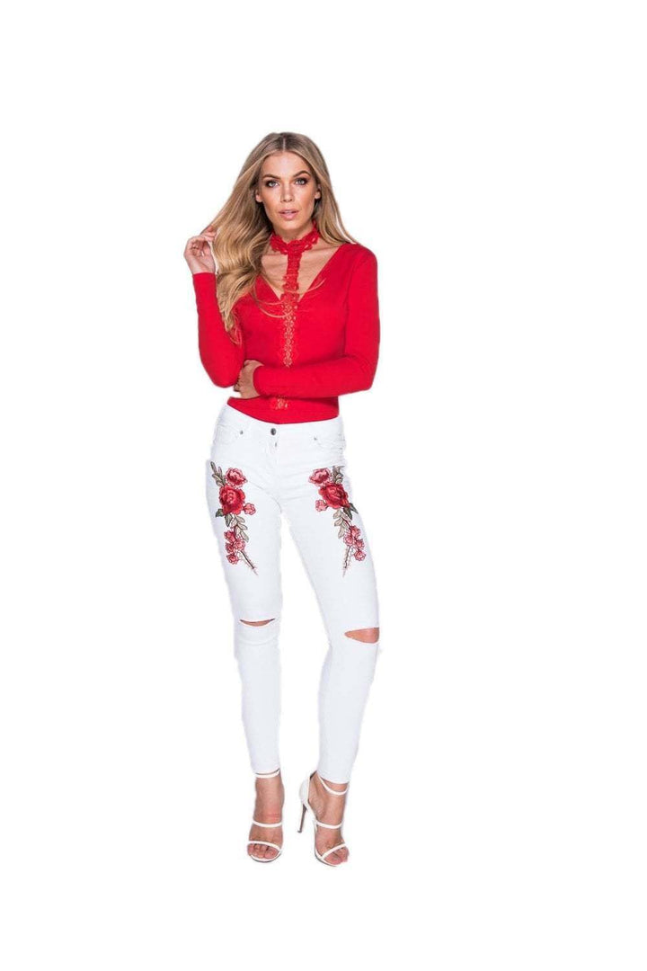 women's white floral ripped jeans with embroidery - embroidered