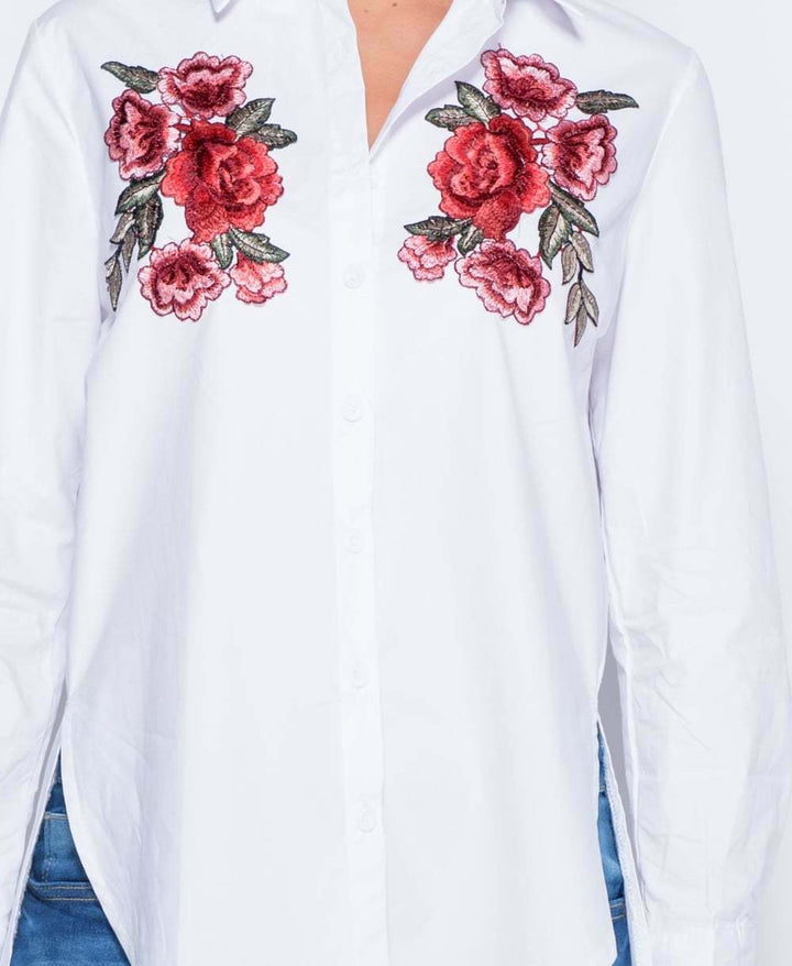 Floral Embroidered Button Front Shirt - Close Up View