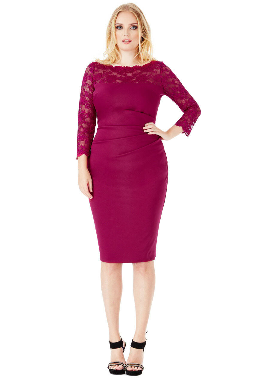 Plus Size 3/4 Lace Sleeved Midi Dress in Magenta - Full Front View