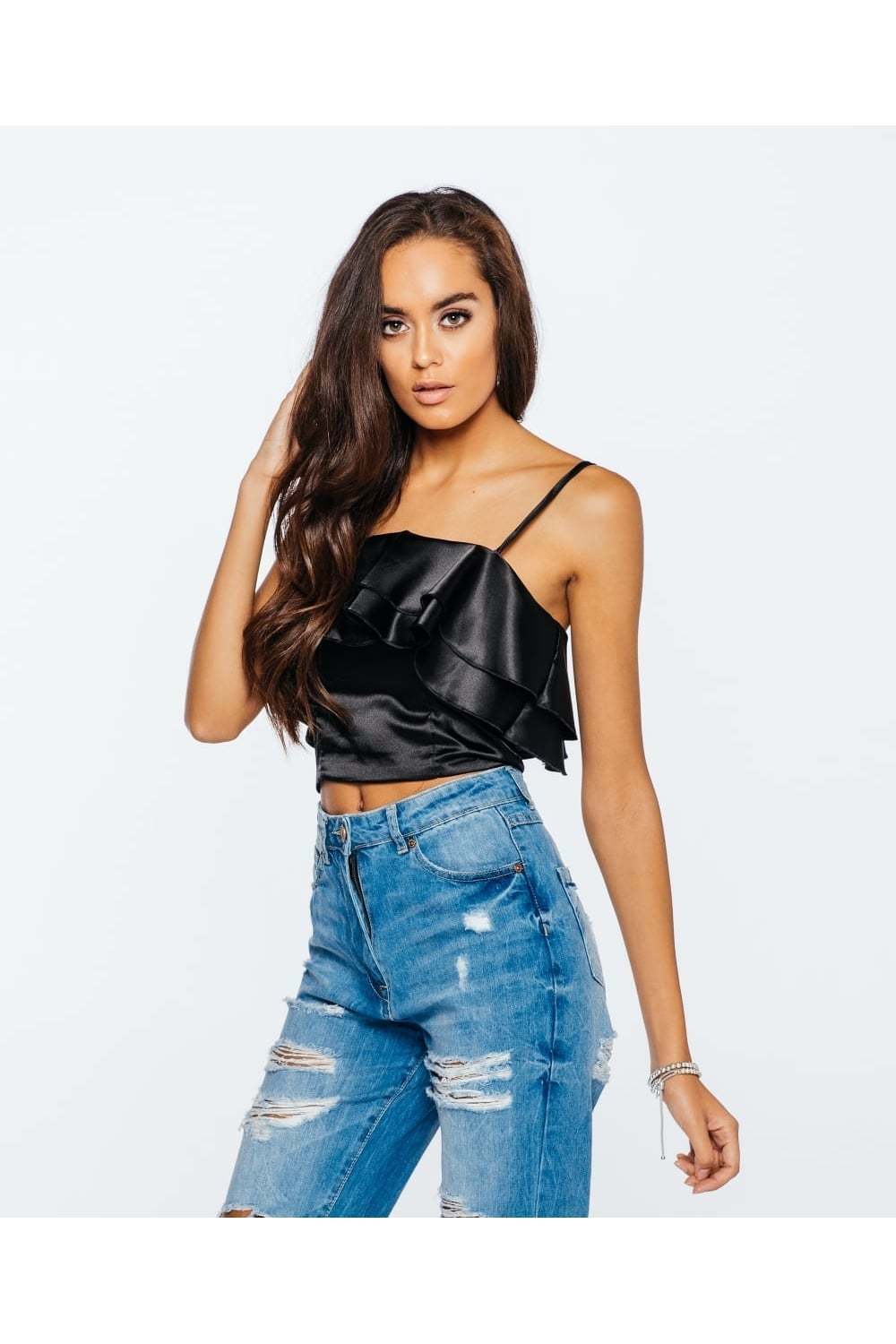 Ruffled Satin Bandeau Bra-let Crop Top in Black - front look