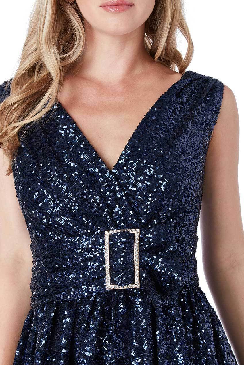 Sequin Chiffon Wrap Maxi Dress in Navy - Close Up View