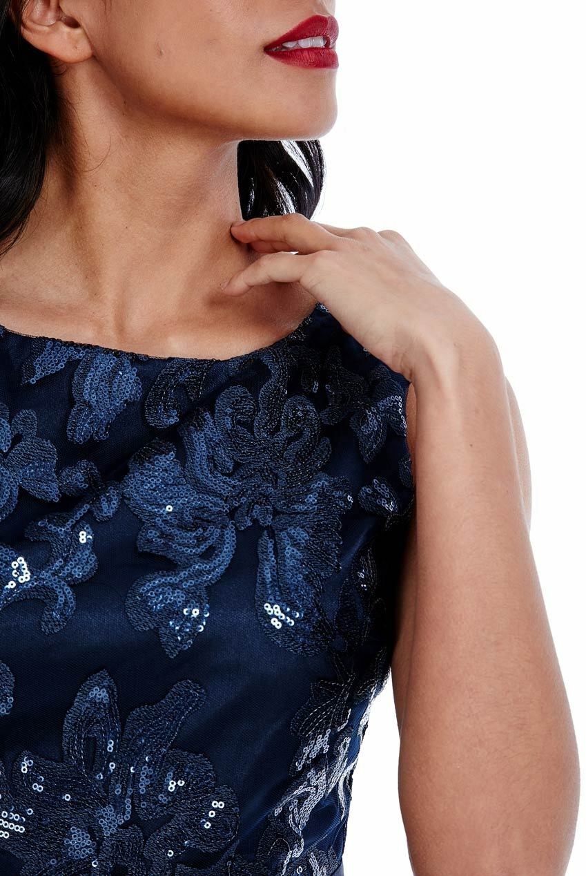 Navy Sequin Embellished Bodycon Midi Dress - Close View