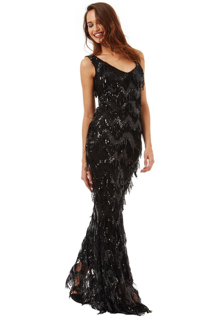Sequin Flapper Maxi Dress in Black - Front View