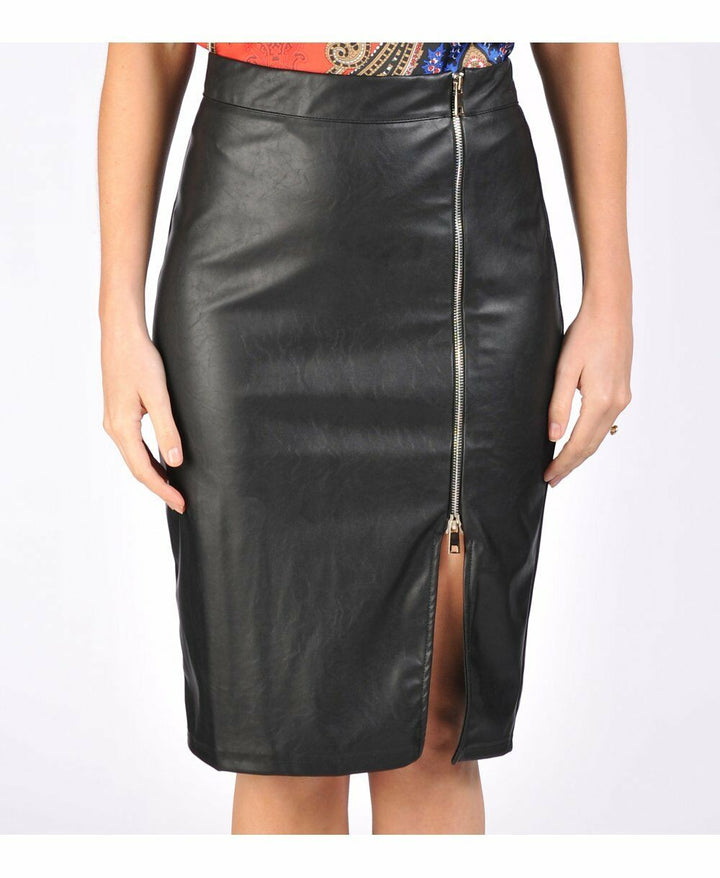 Close-up of the faux leather skirt, showing off the zip detailing.