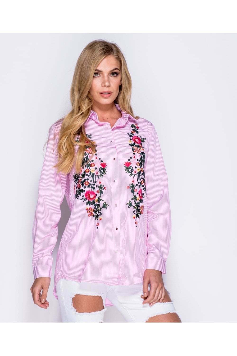 Pink Floral Embroidered Full Sleeve Shirt - Close Front View
