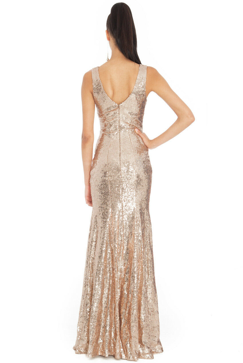 Sequin Sleeveless V-Necked Maxi Dress in Champagne - Full Back View