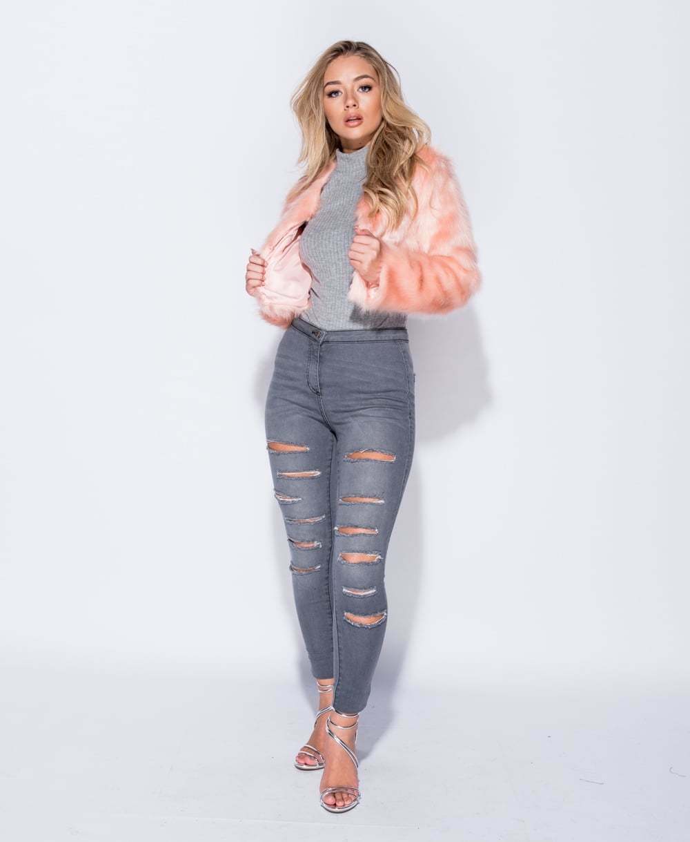 Pink Faux Fur Edge Cropped Jacket - View 4