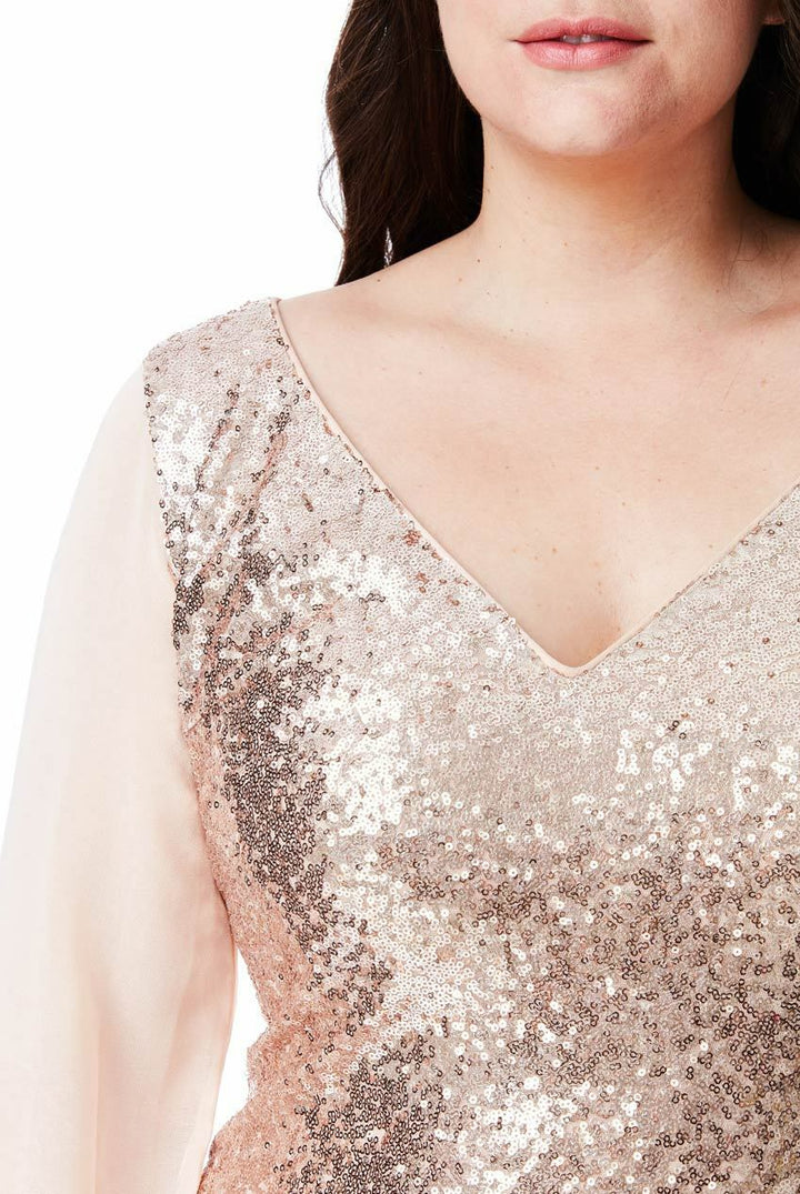 Plus Size Long Chiffon Sleeve Maxi Sequin Dress in Champagne - Close Up View