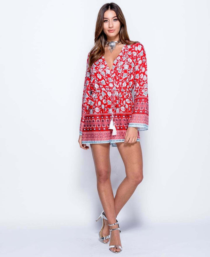 Border Print Long Flared Sleeve Wrap Front Playsuit - Full Front View