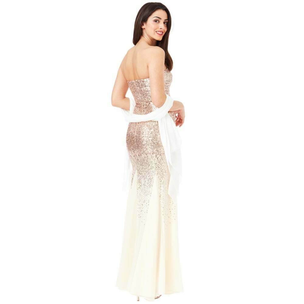 Champagne Strapless Sequin Maxi Bridesmaid Ballgown Dress with Scarf