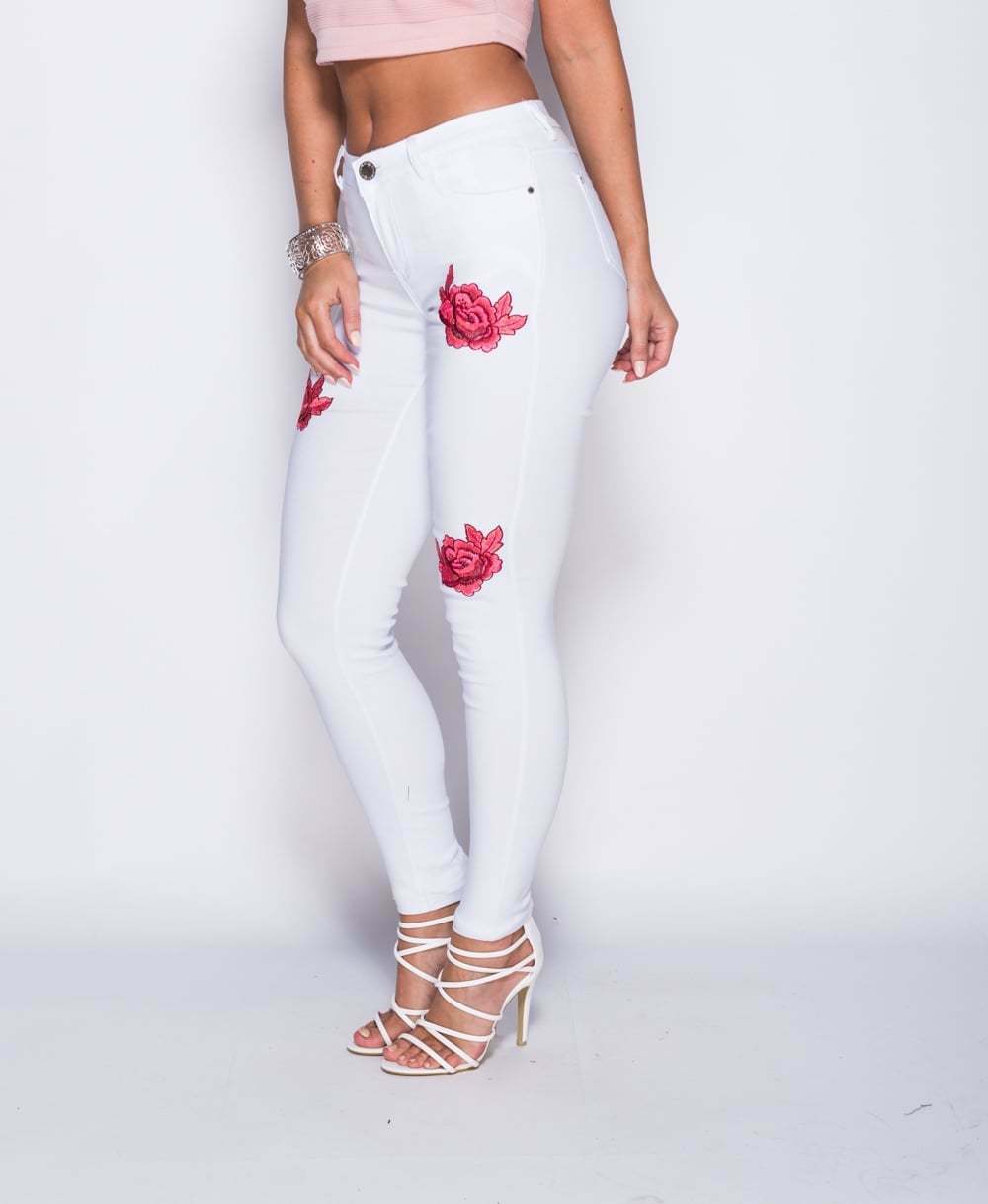 White Floral Embroidered Skinny Jeans