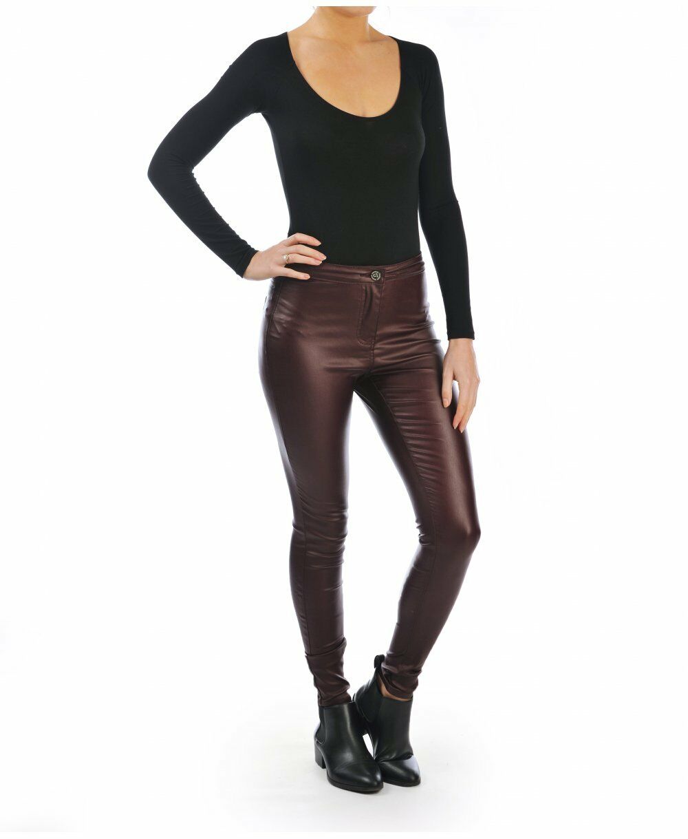 Plum High Waisted Leather Look Skinny Jeans - Front Pose