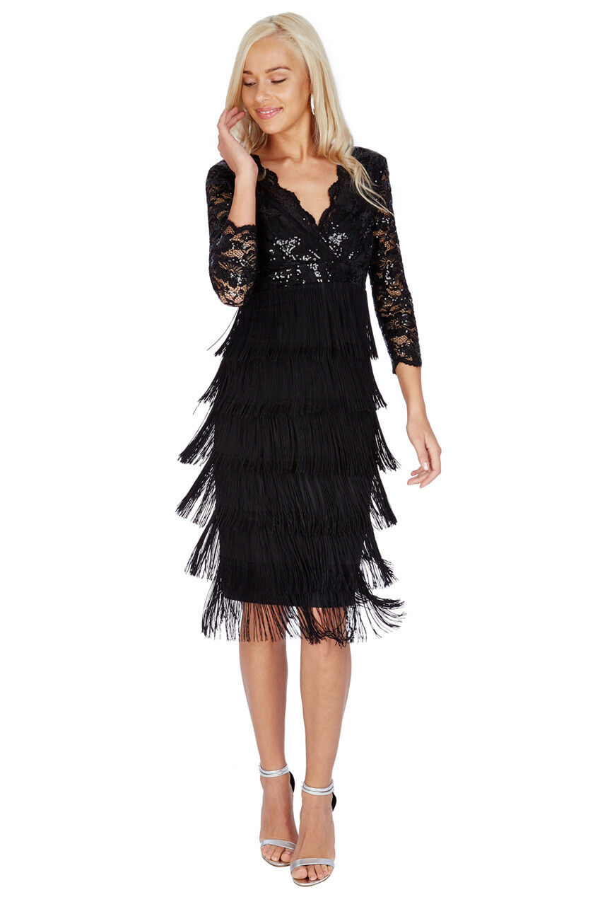 Sequin Fringe Flapper Midi Dress in Black -  Front View