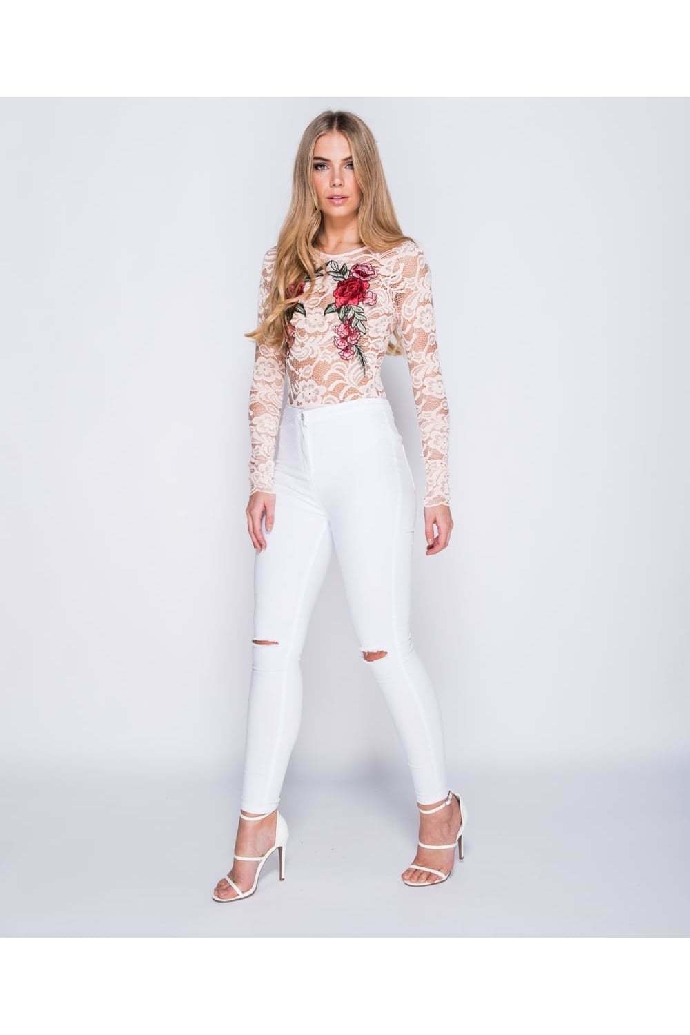 Flower Patch Embroidered Lace Long Sleeve Bodysuit