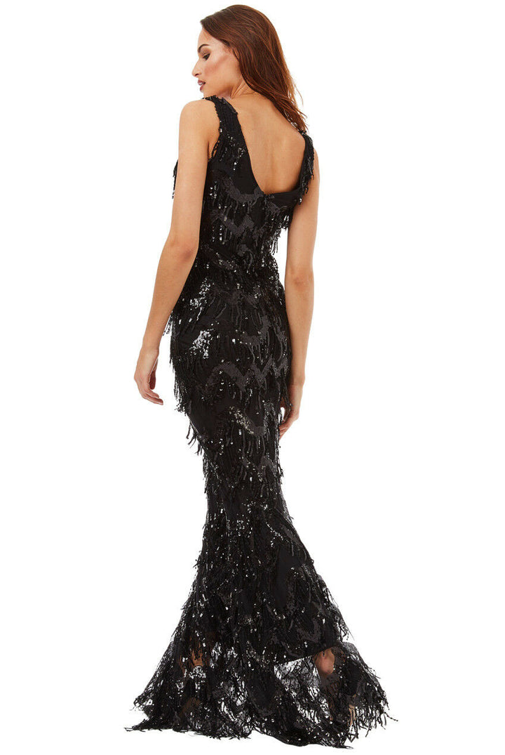Sequin Flapper Maxi Dress in Black - Back View