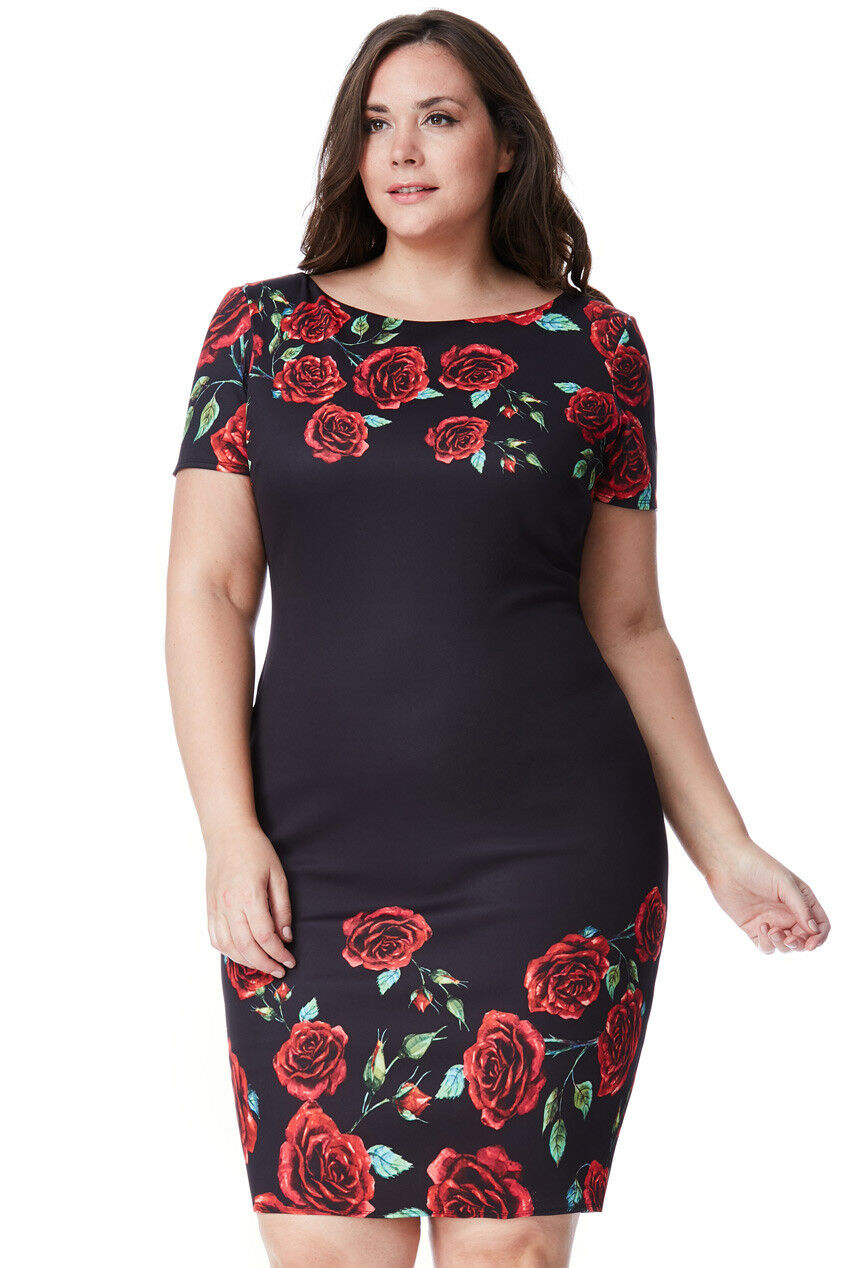 Plus Size Black Rose Print Midi Dress Closer Front View