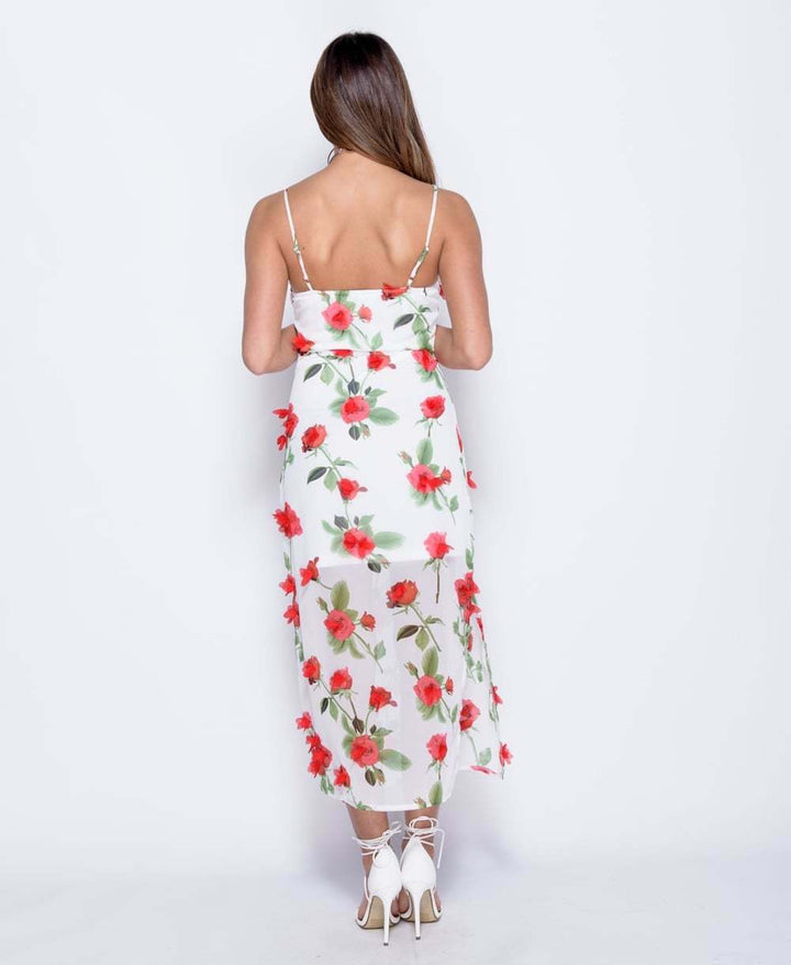 3D Rose Floral Sleeveless Maxi Dress in White - Back View
