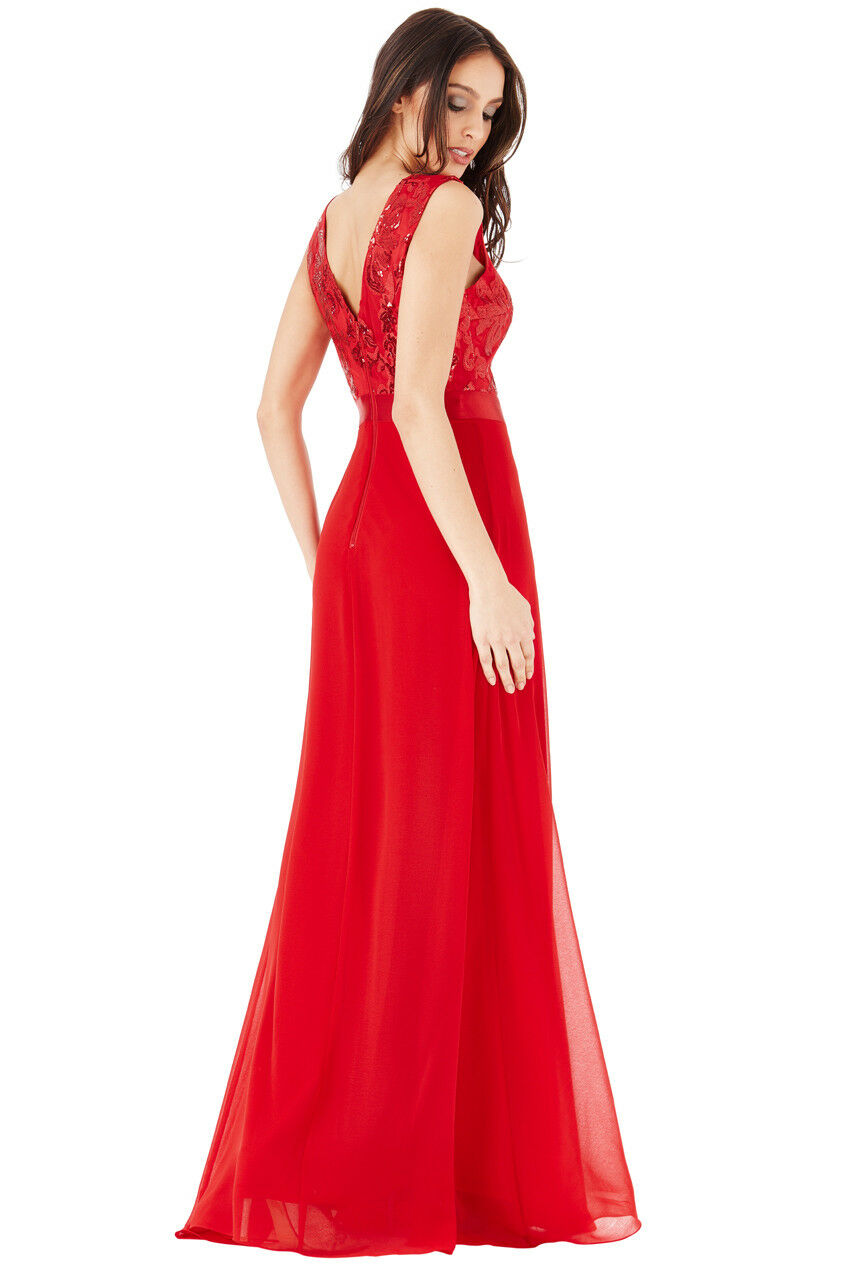 Sequin V-Neck Lace & Chiffon Sleeveless Maxi Dress in Red