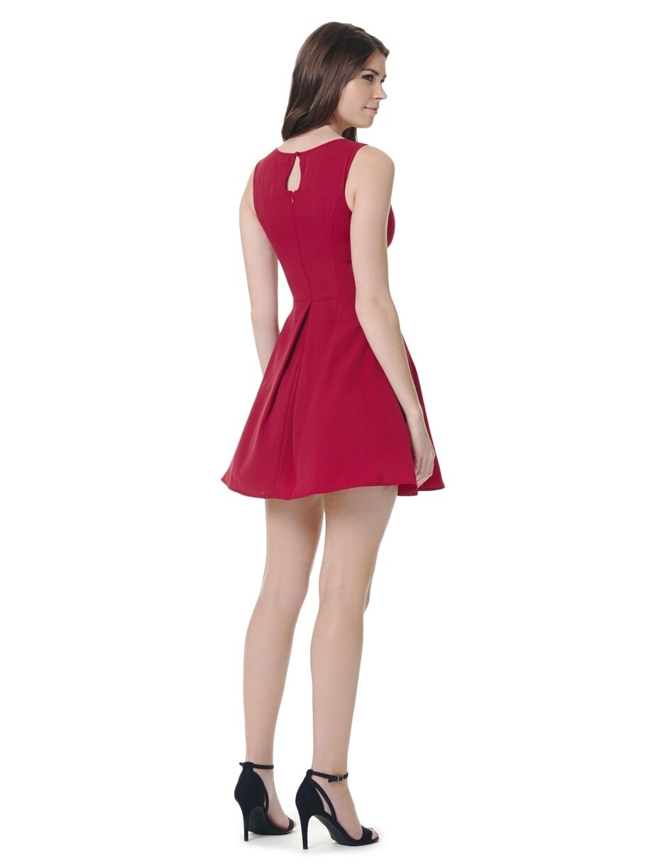 Red Sleeveless Eyelash Lace Skater Mini Dress Side View