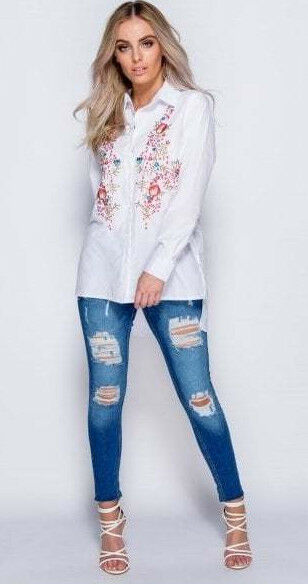 White Floral Embroidered Full Sleeve Shirt - Far Front View
