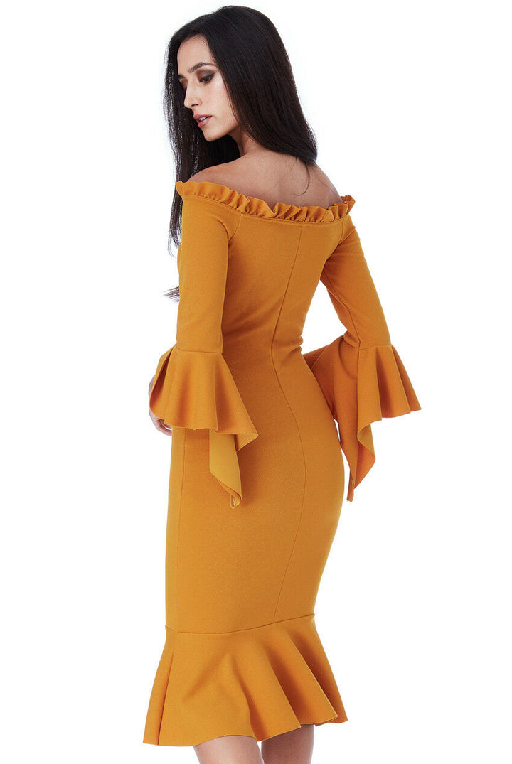 Mustard Bardot With Frill Detail Midi Dress - Close Back View