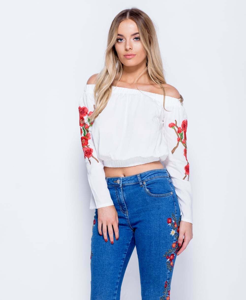 White Floral Embroidered Bardot Crop Top - Close Side View
