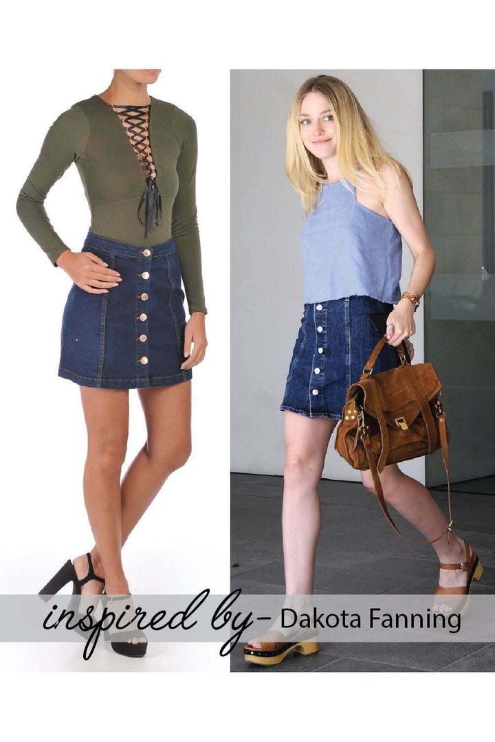 Denim A-Line Button Front Skirt in Blue - Full Front View