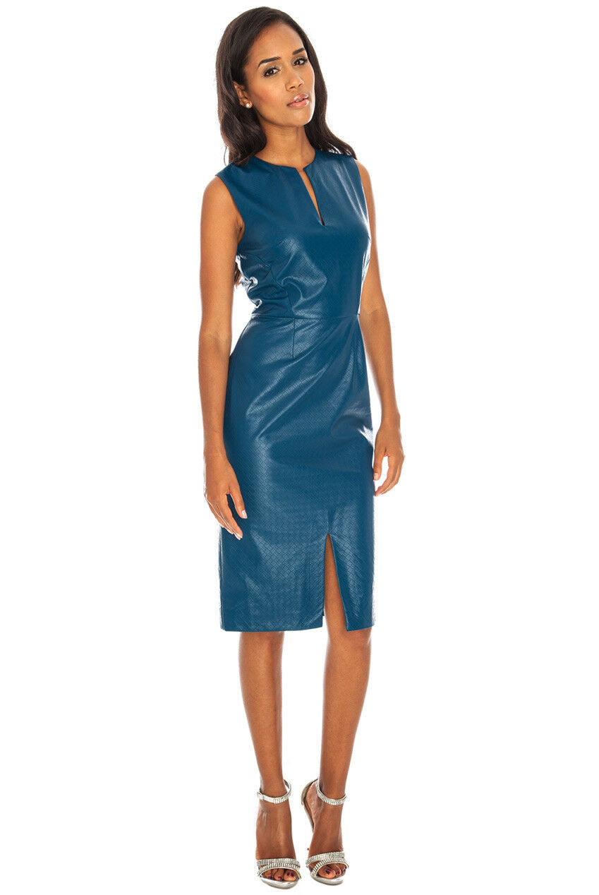Faux Leather Sleeveless Bodycon Midi Prom Party Dress in Teal, front view