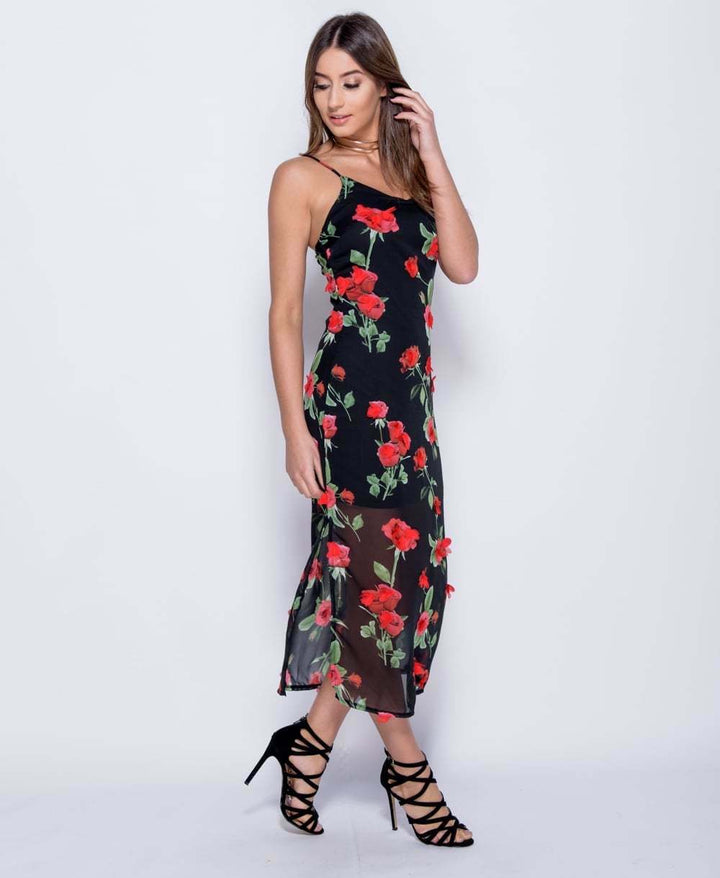 3D Rose Floral Sleeveless Maxi Dress in Black - Full Side View
