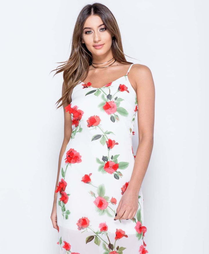 3D Rose Floral Sleeveless Maxi Dress in White - Close Front View