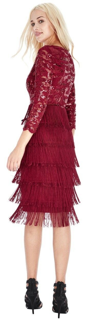 Sequin Fringe Flapper Midi Dress in Wine - Back View