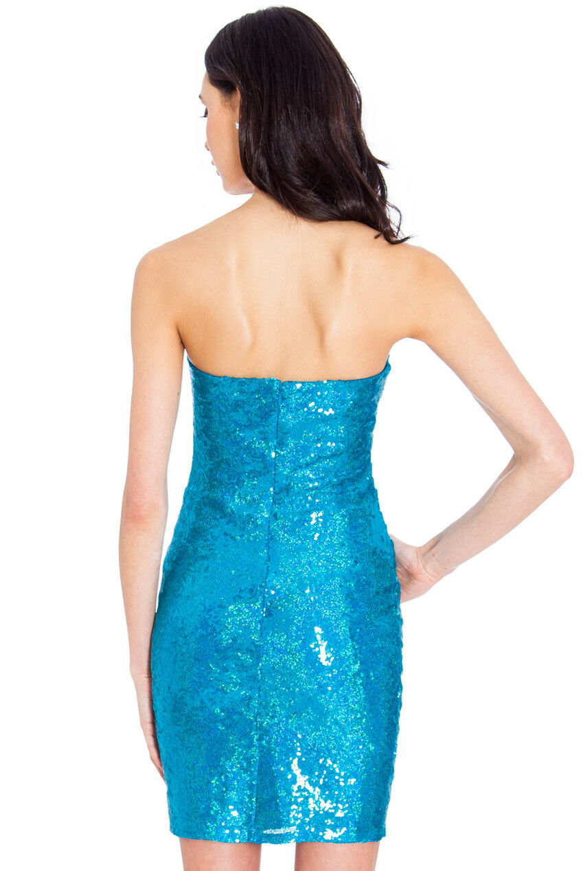 Sequin Off-Shoulder Mini Dress in Teal - Back