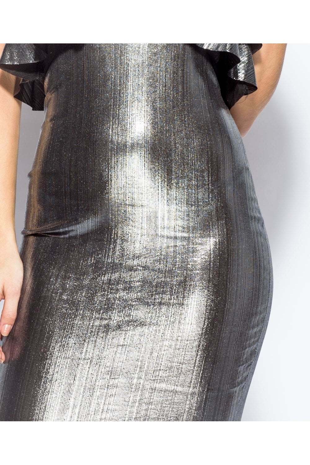 Metallic Frill Detail Bodycon Midi Dress in Silver - Close Up View