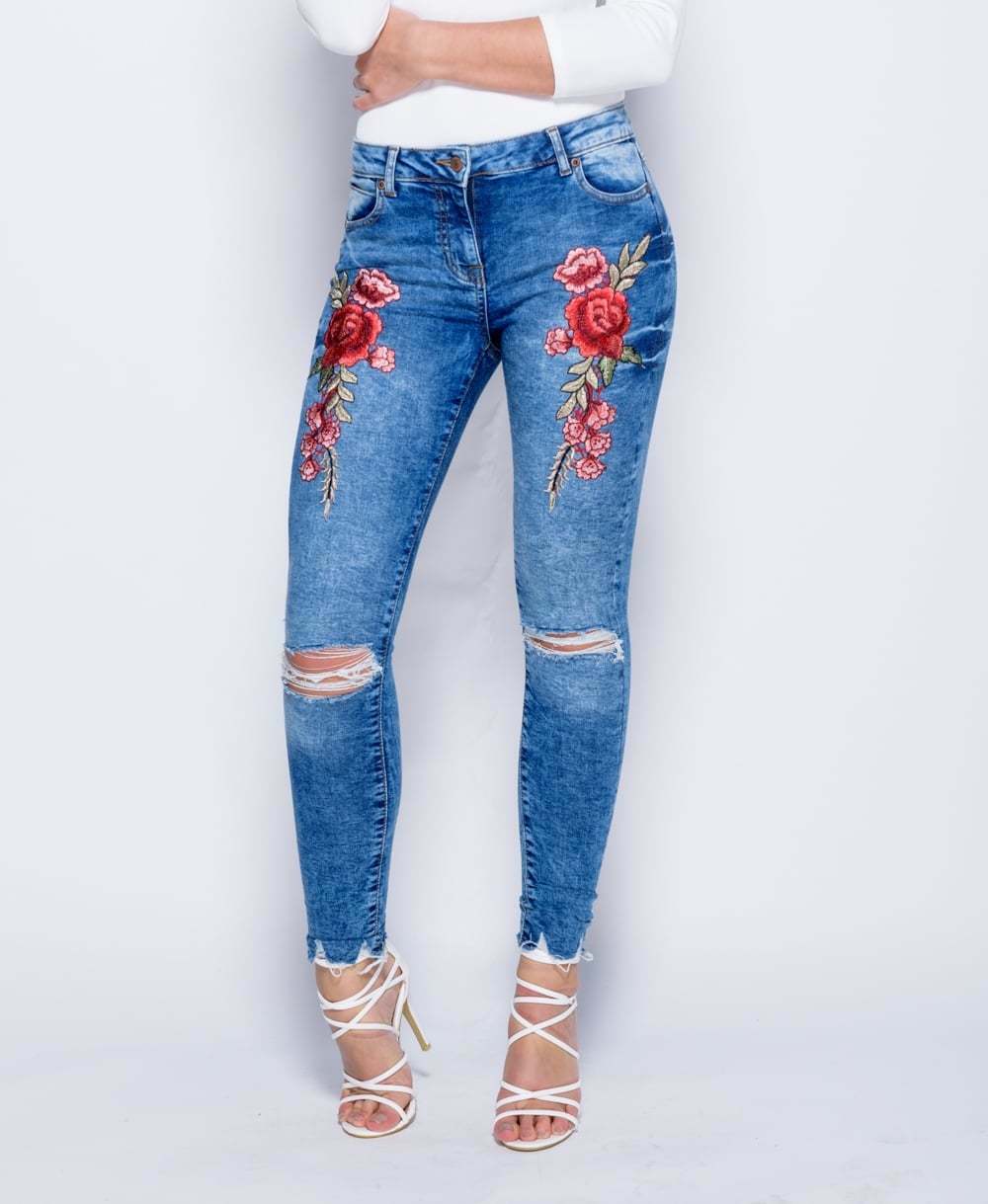 women's light blue floral ripped jeans with embroidery - embroidered