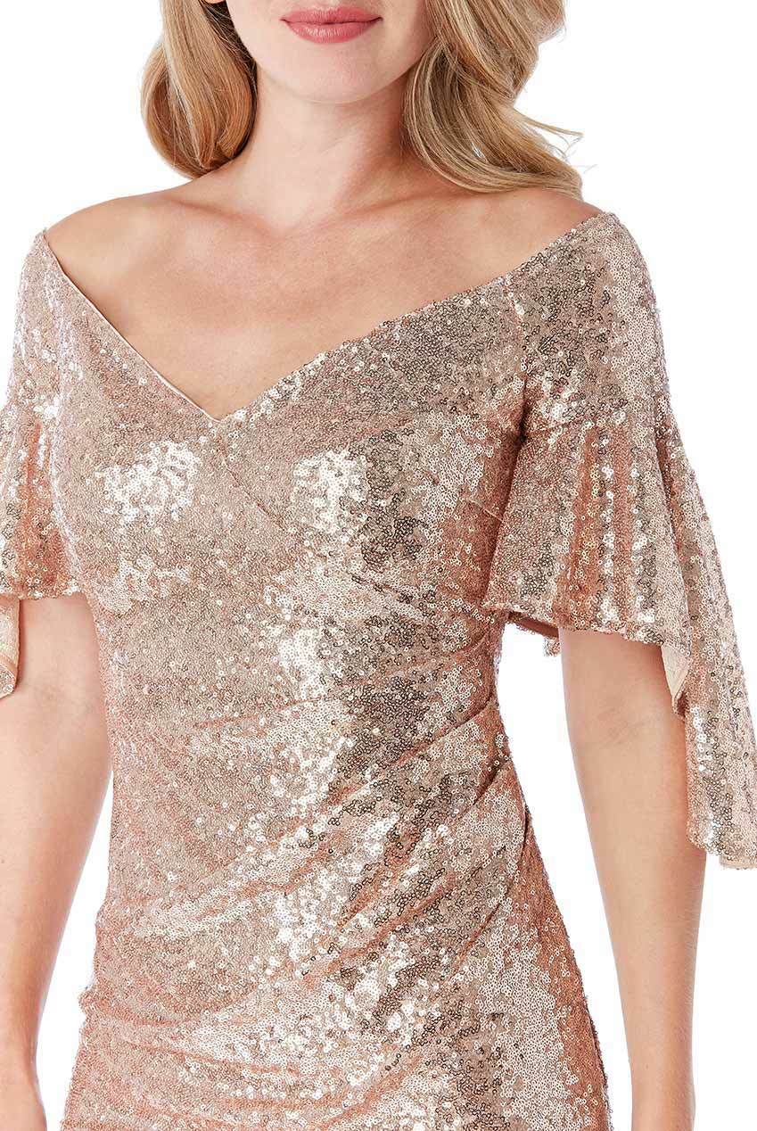 Sequin Off-Shoulder Fluted Sleeve Maxi Dress - Close Up View