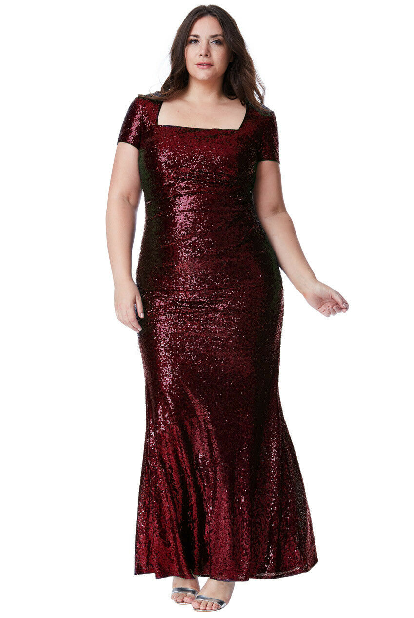 Plus Size Portrait Neck Sequin Maxi Dress in Wine - Front View