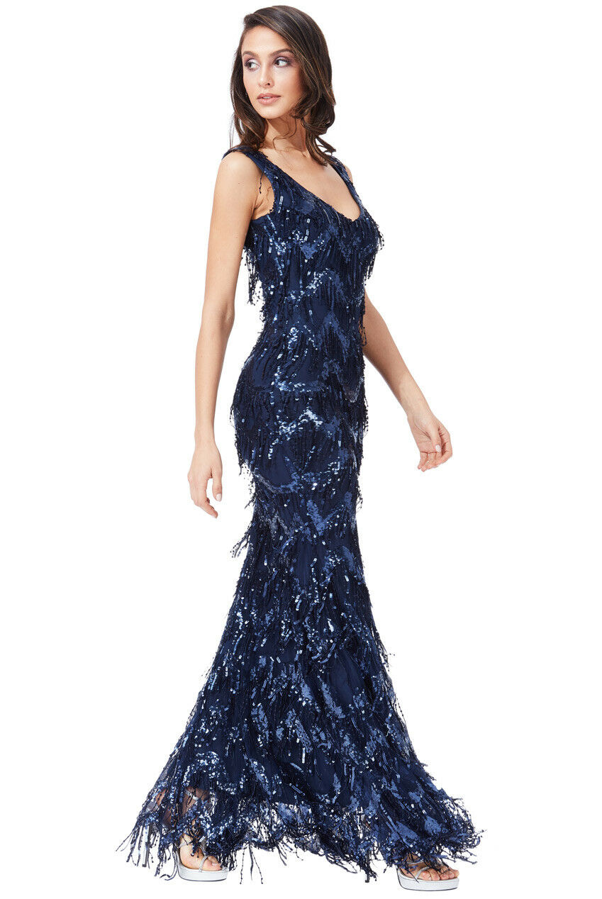 Sequin Flapper Maxi Dress in Navy - Front View