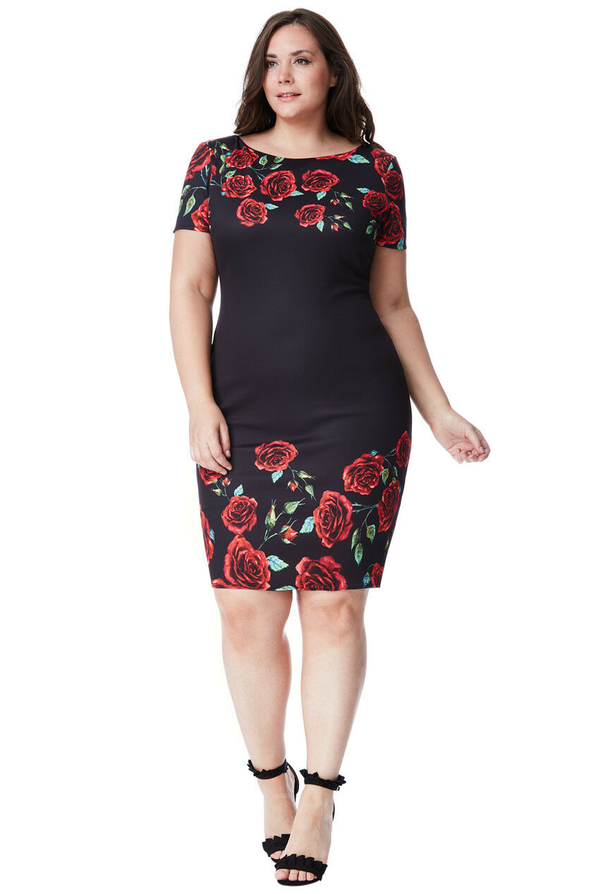 Plus Size Black Rose Print Midi Dress Front View