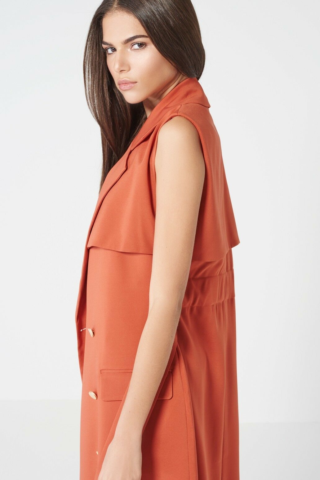 Terracotta Sleeveless Trench Coat - Close Side View