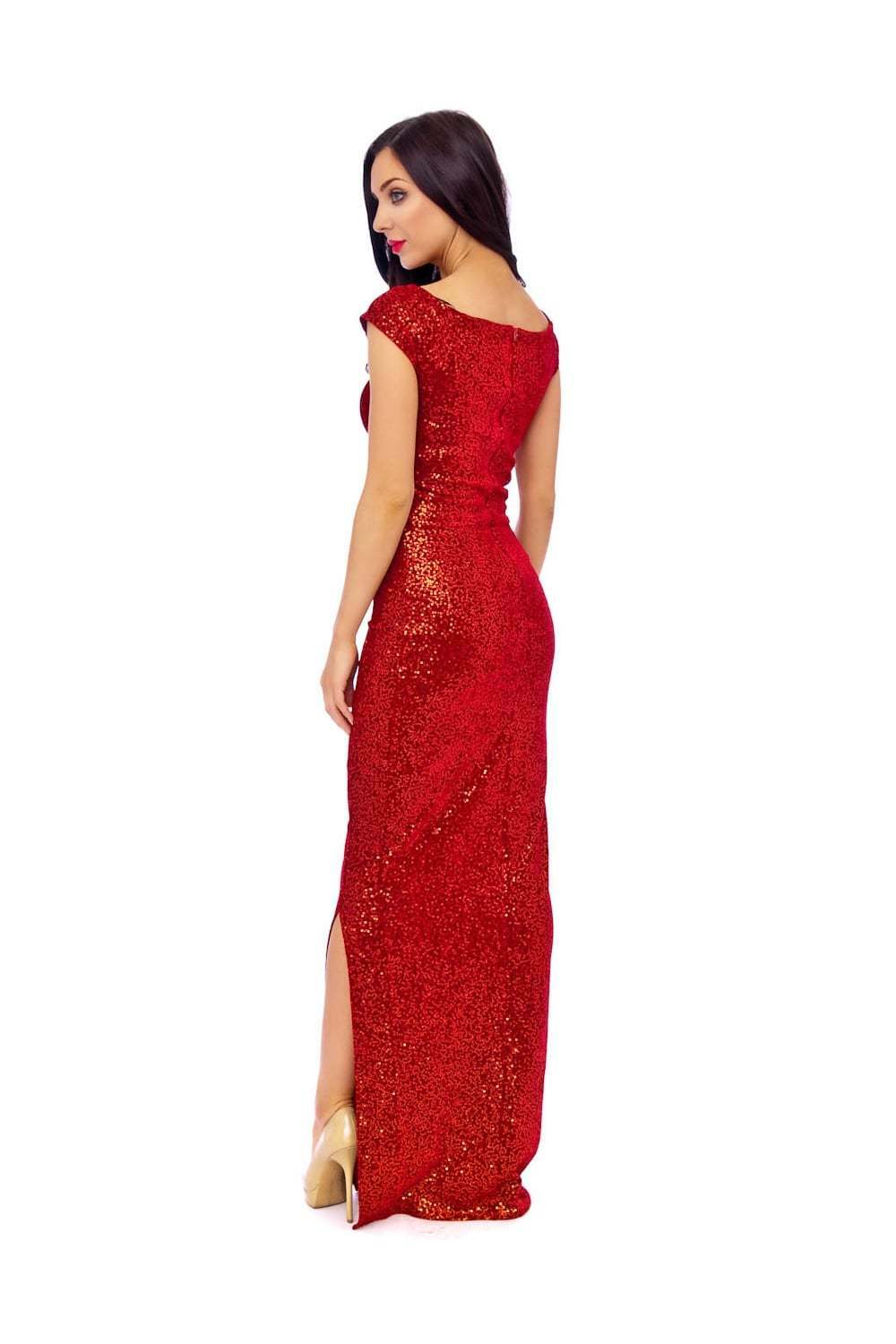 Velour Sequin Embellished Maxi Dress in Red - Back View